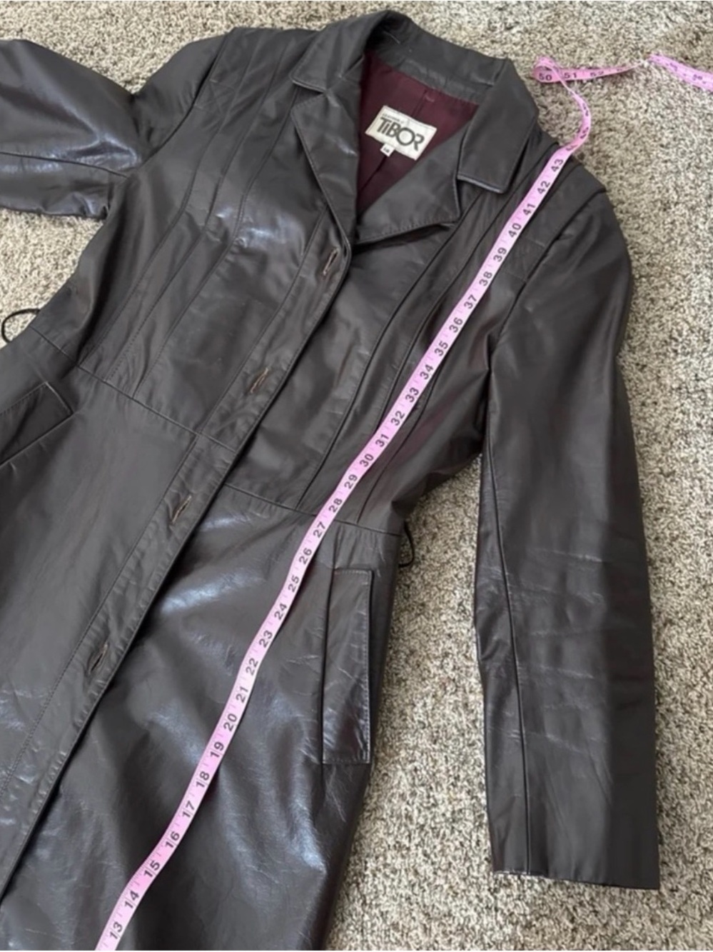 Vintage 70s Nappa Leather TIBOR Long Trench Coat Brown Leather Jacket - Picture 9 of 10